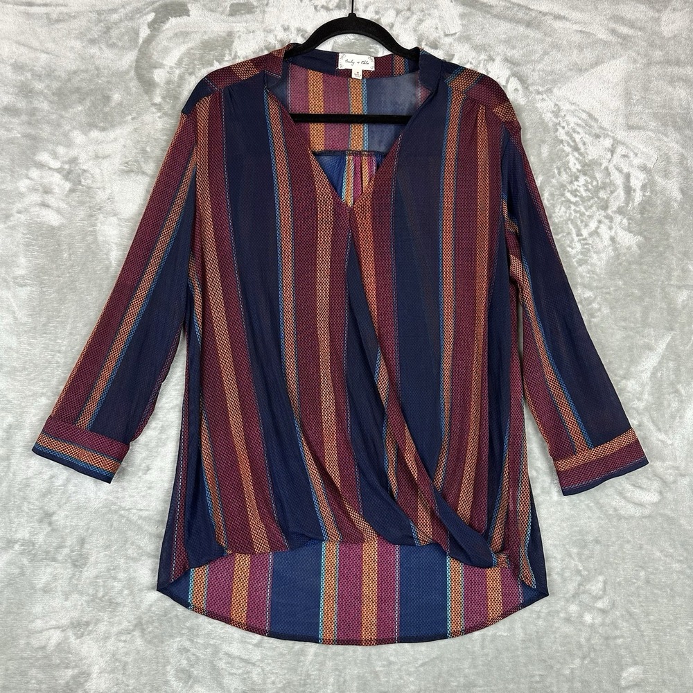 Bailey & Chloe Faux Wrap Top Women's M Blue Orange Burgundy Red Stripe Roll Tab